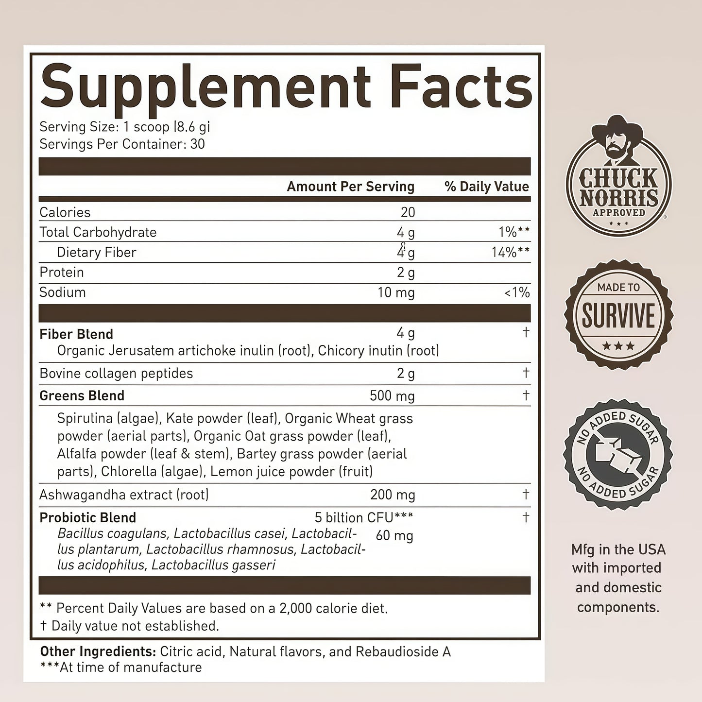 ROUNDHOUSE PROVISION Morning Kick Greens, Strawberry Lemonade, 30 Servings Greens Superfood Powder for Gut Health, Sugar Free, Caffeine Free, Ashwagandha, Collagen Peptides, Probiotics, Chuck Norris